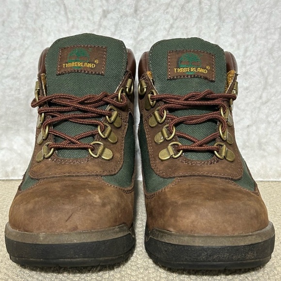Timberland Boys Brown/Green Field Leather Waterproof Hiking Boots Shoes SZ 3.5 - Picture 3 of 12